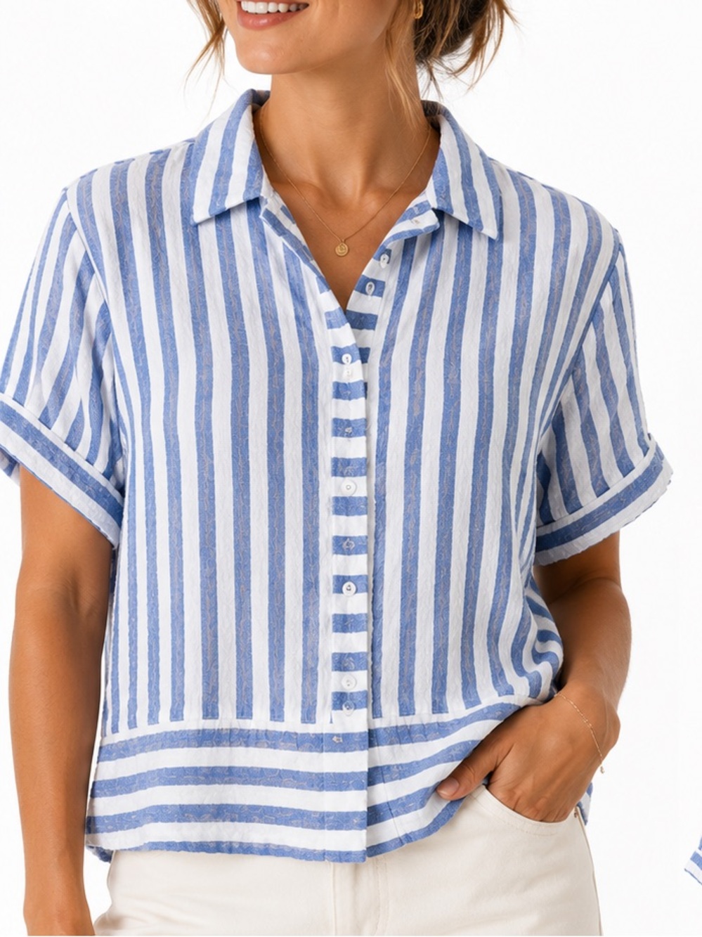 Jane and Delancey Blue and White Striped Short Sleeve Button-Front Shirt